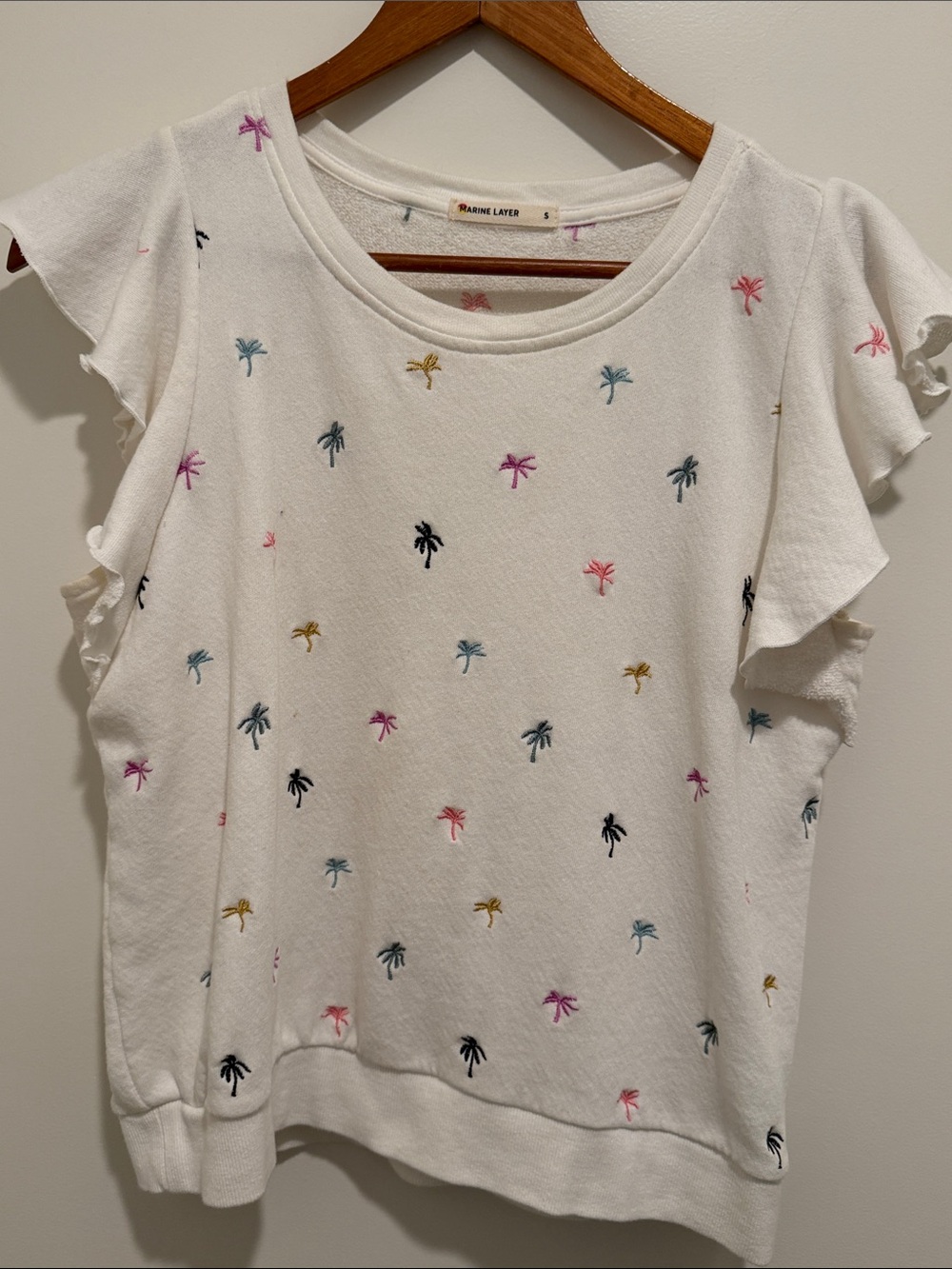 Marine Layer White Short Sleeve Tee with Multicolor Palm Embroidery